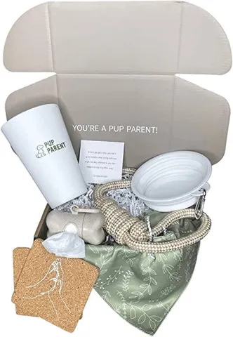 New puppy gift box with pet accessories and homeware