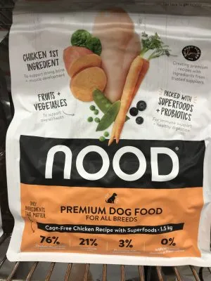 Nood Dog Food bag displaying Cage-Free Chicken with Superfoods formulation for Australia