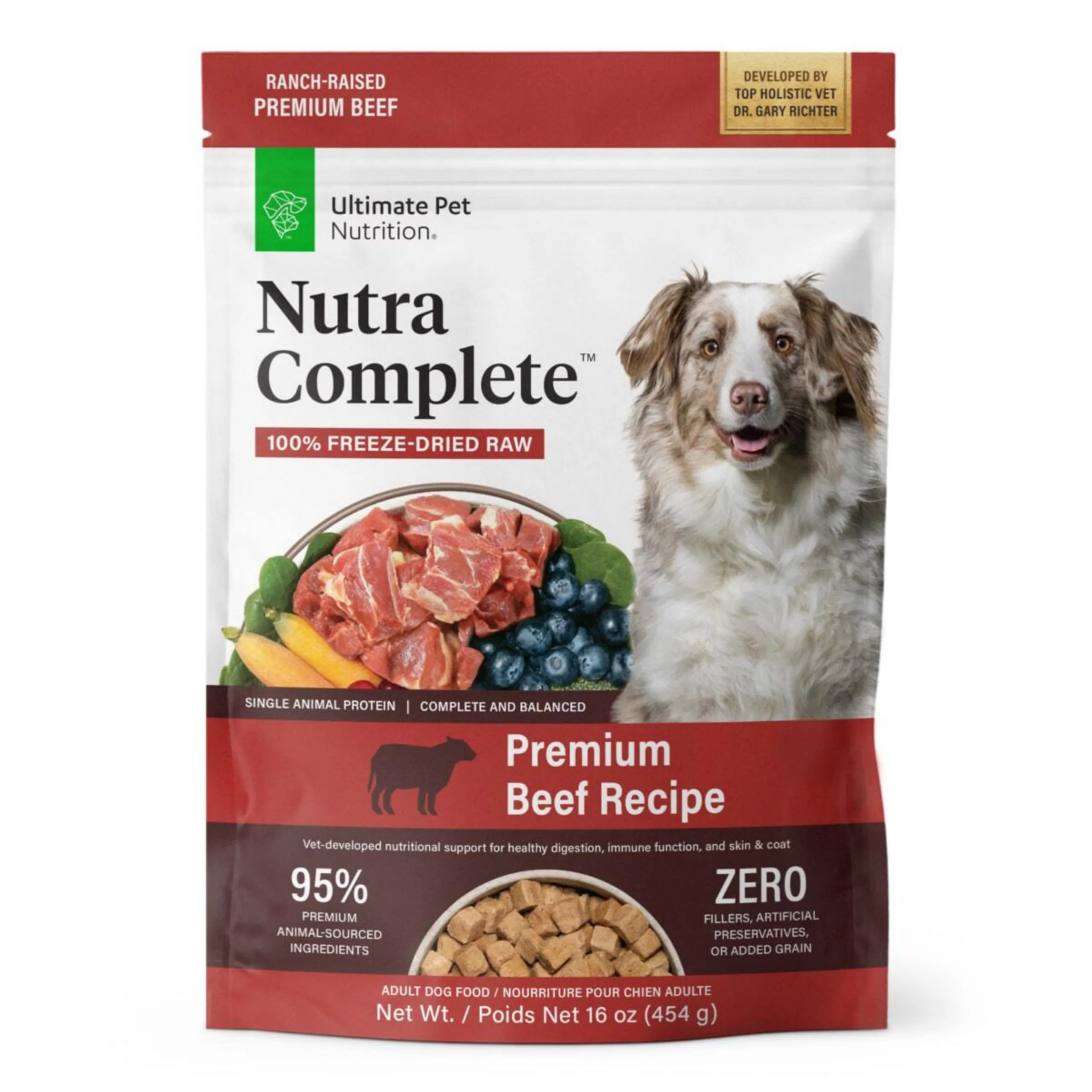 Nutra Complete freeze-dried dog food packaging, highlighting its premium beef recipe.