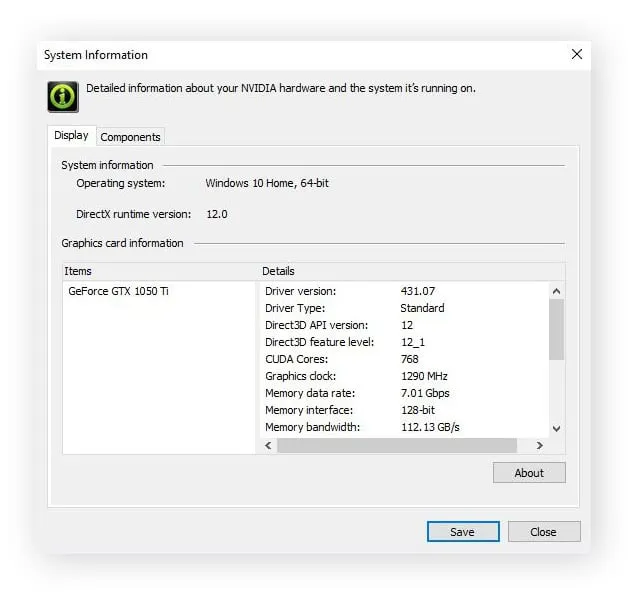 NVIDIA drivers auto-detected by the NVIDIA Control Panel, alongside details of the NVIDIA display driver.