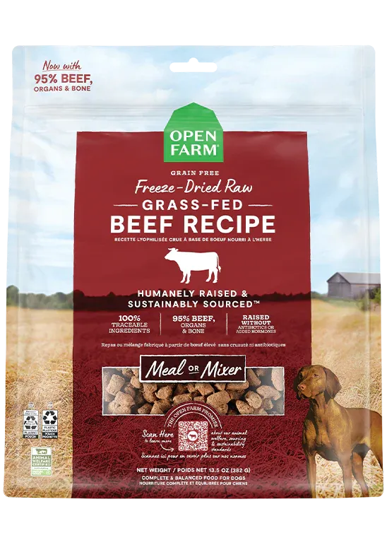 Open Farm freeze-dried raw beef dog food packaging, showcasing its highly recommended rating and premium ingredients.