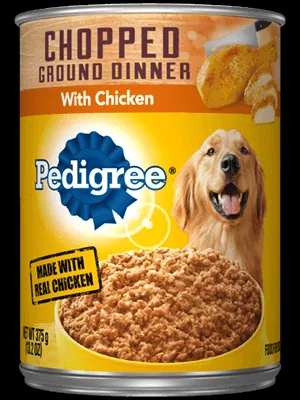 Pedigree Chopped Ground Dinner Chicken and Rice wet dog food can, central to our Pedigree canned dog food reviews