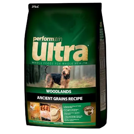 Performatrin Ultra dog food in a bowl, showcasing its kibble texture.