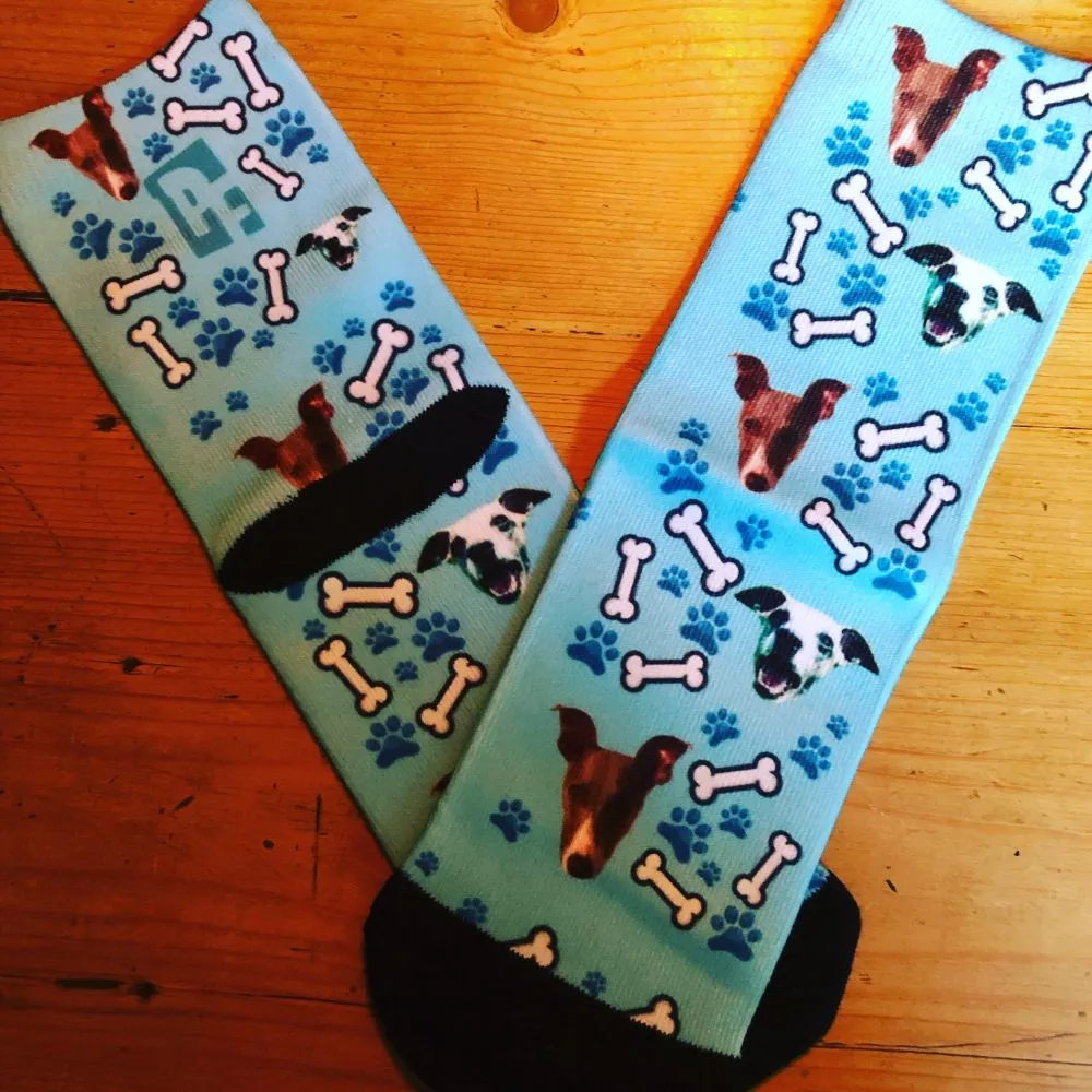 Personalised dog socks featuring a dog's face
