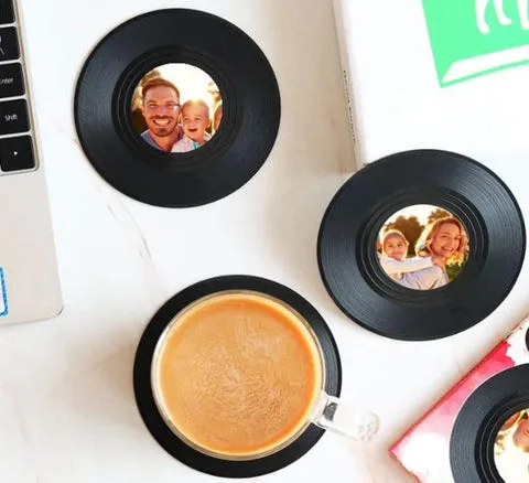 Personalized photo vinyl coasters featuring dog pictures, a unique Christmas present from dog to dad
