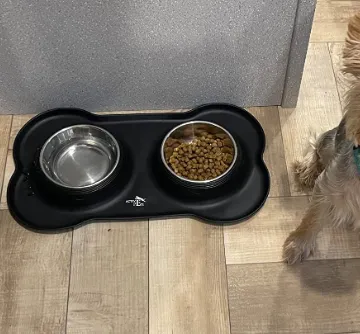 Pet parent review discussing the quality of Active Pets dog bowls despite a playful puppy's antics