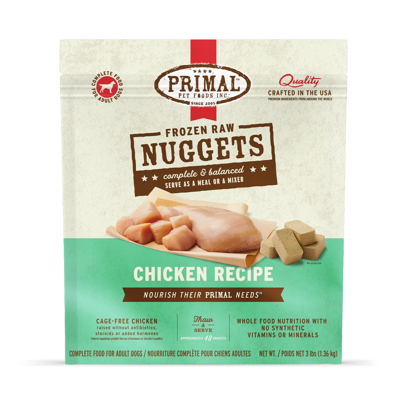 Primal Frozen Raw Nuggets Chicken Recipe, a highly-rated option in primal raw dog food reviews, showcasing fresh, high-quality ingredients for canine nutrition.