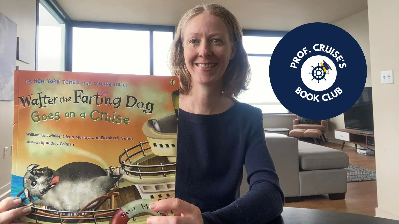 Prof. Cruise holding up a book titled "Walter the Farting Dog Goes on a Cruise."