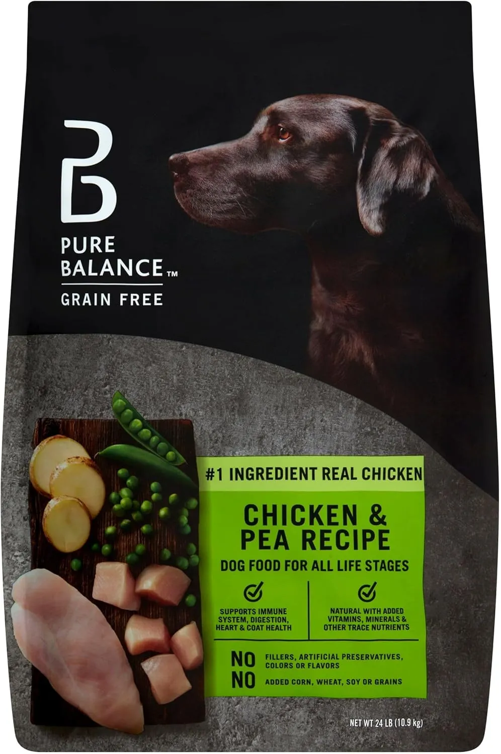 Pure Balance Grain Free Chicken & Pea dry dog food bag showing ingredients and branding
