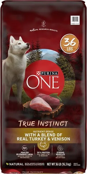 Purina ONE True Instinct Dry Dog Food with Real Turkey and Venison, showcasing the kibble texture and packaging.