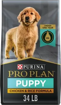 Purina Pro Plan Puppy food bag, a common choice for growing dogs.