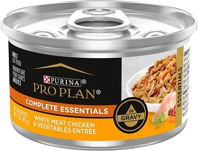 Purina Pro Plan Savor Adult White Meat Chicken &amp; Vegetable Entree in Gravy Canned Cat Food, showcasing chunks in gravy.