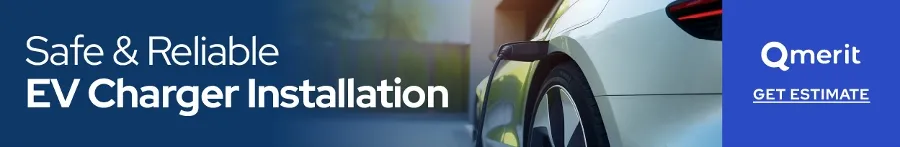 Qmerit EV charging station installation services graphic, encouraging sign-ups for a free quote.