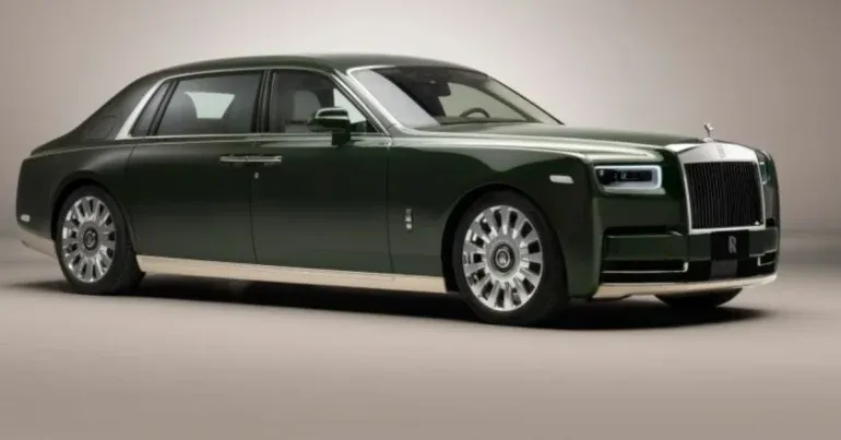 Rarest Rolls-Royce Phantom Oribe, a collaboration with Hermès, showing its distinctive two-tone green and cream paint inspired by Japanese Oribe ceramics.