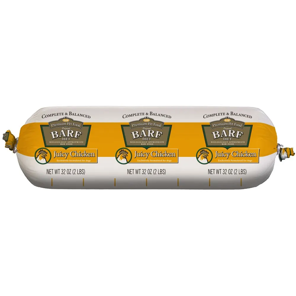 Raw chicken meat in chub packaging, a common component of BARF dog food, emphasizing fresh, unprocessed ingredients.