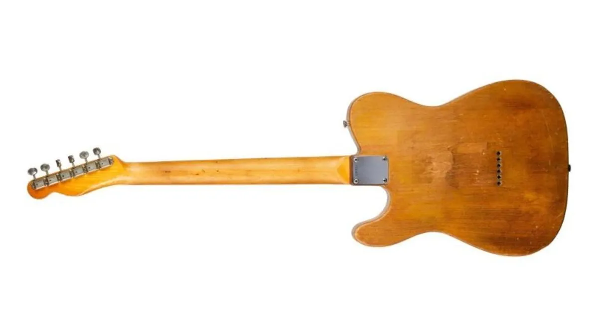 Rear view of the heavily customized Bob Dylan/Robbie Robertson Telecaster, showcasing the natural finish and Bigsby bridge modification.