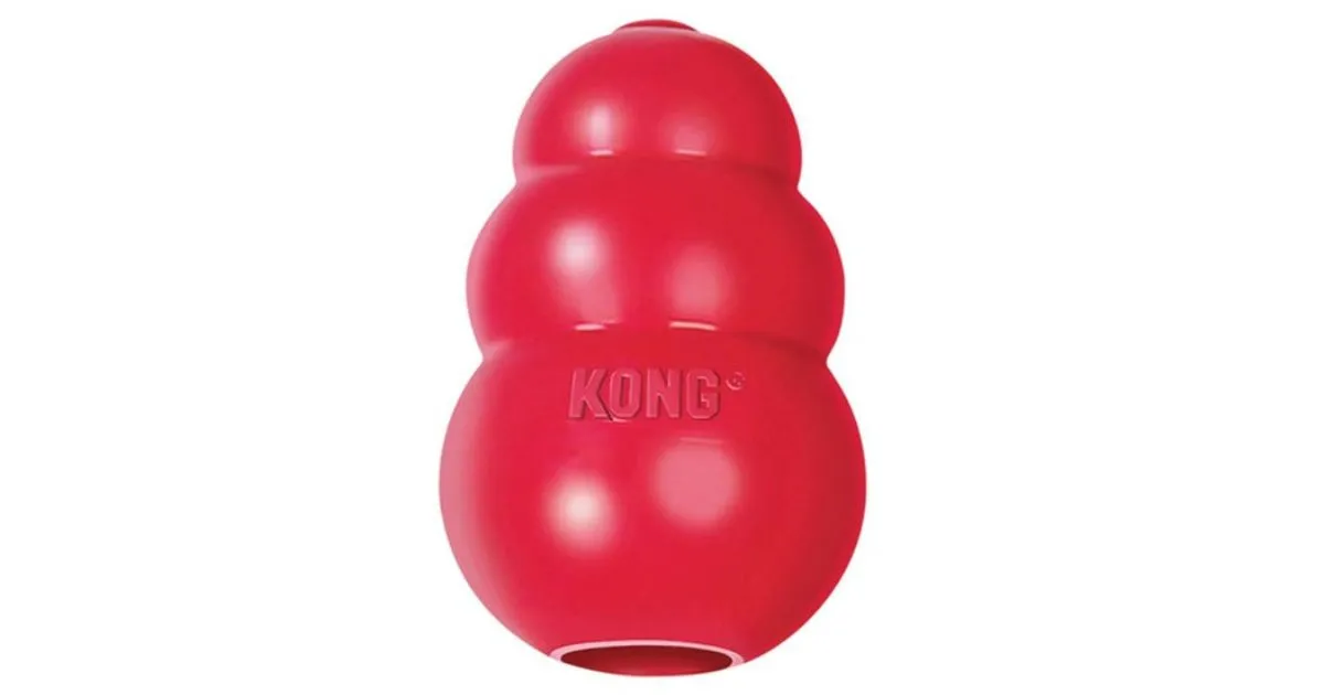 Red KONG Classic dog toy filled with treats for busy pups