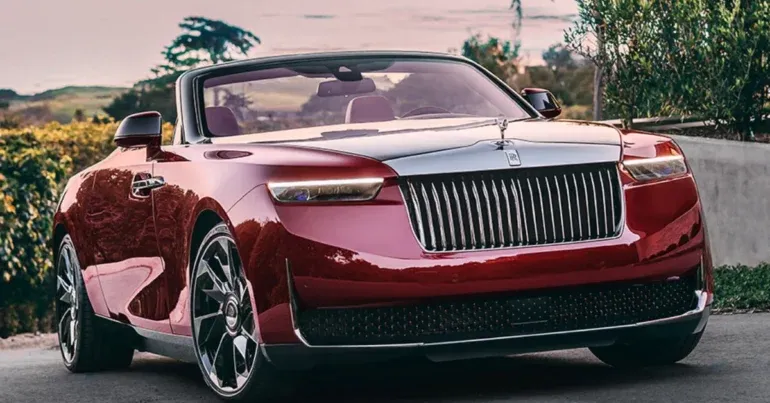 Rolls-Royce Droptail La Rose Noire, a bespoke luxury car inspired by the Black Baccara rose, showcasing its unique shimmering black and red exterior.