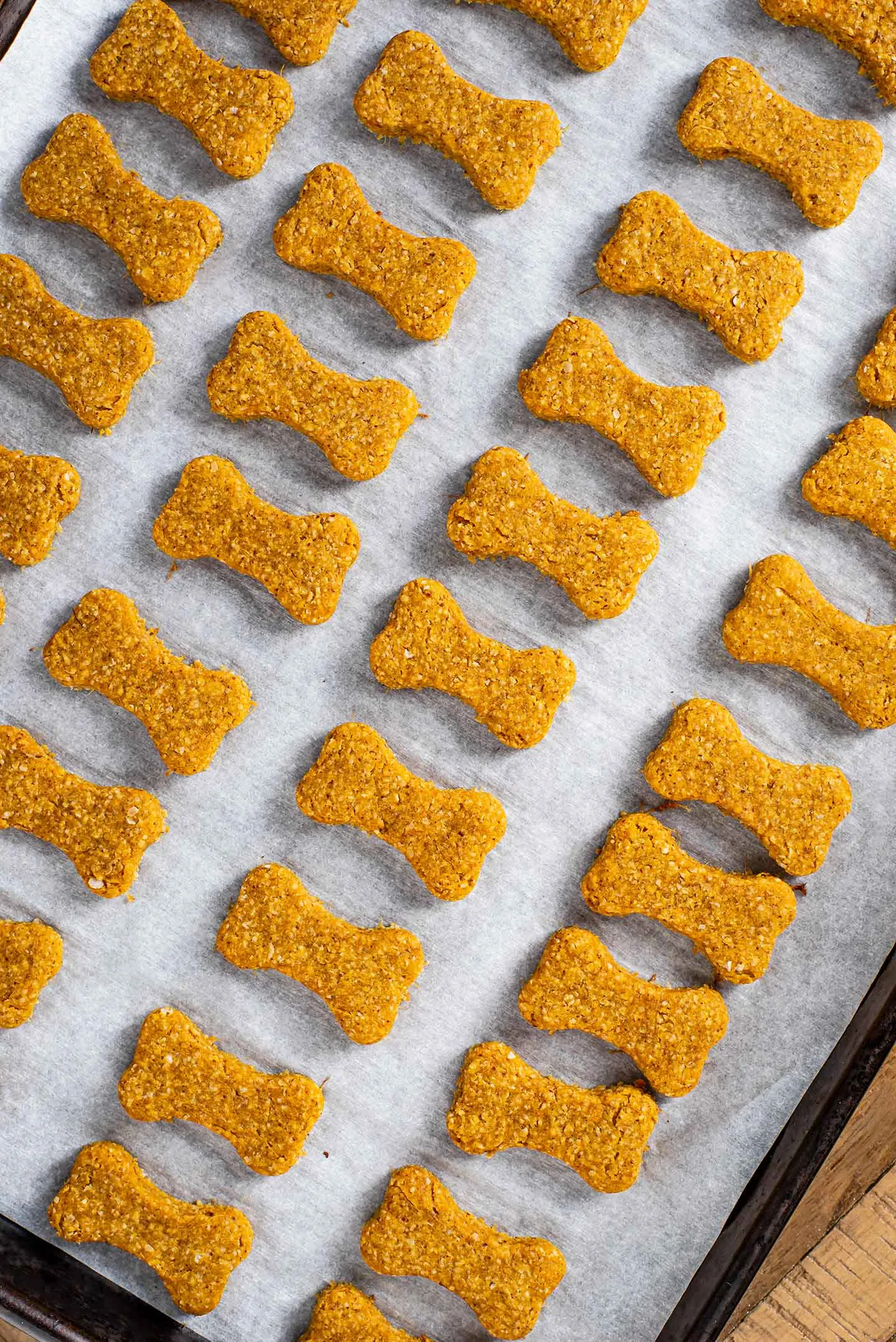 Rows of freshly baked, bone-shaped homemade dog treats cooling on a parchment-lined baking sheet, golden and ready to enjoy.