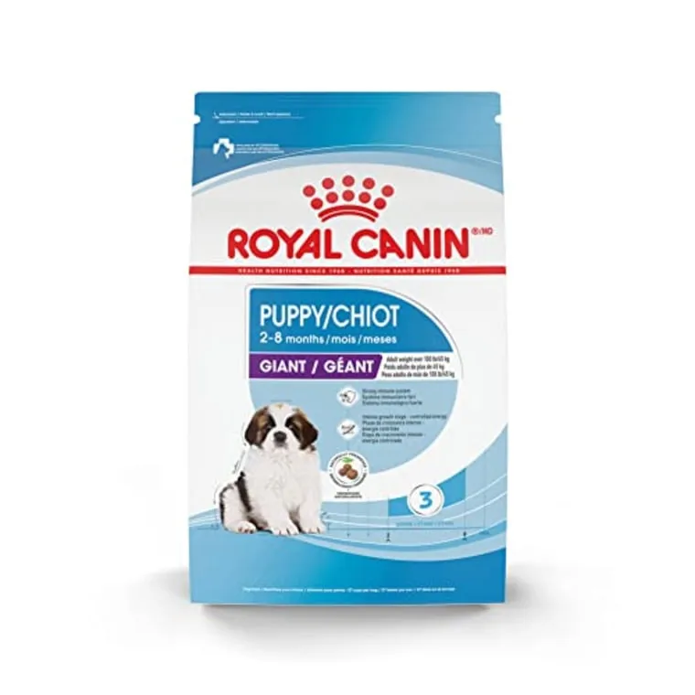Royal Canin Giant Puppy Dry Dog Food, suitable for the continued growth phase of giant breed puppies transitioning at 10 months.