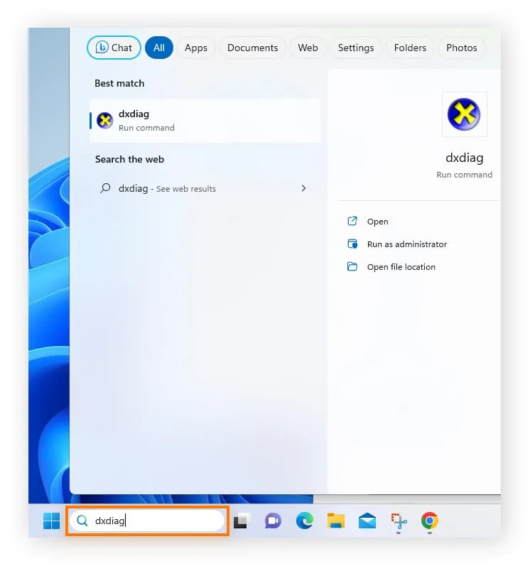  Running the dxdiag command from the Start menu to find out what