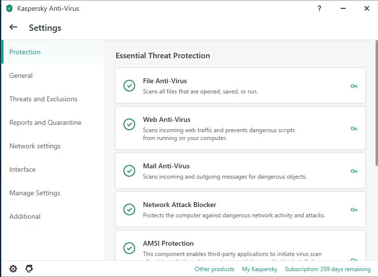 Screenshot of Kaspersky antivirus software settings menu on an iPad or mobile device, showing various configuration options for security features.