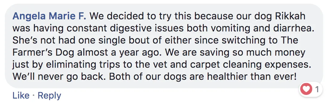 Screenshot of positive customer reviews highlighting The Farmer's Dog value