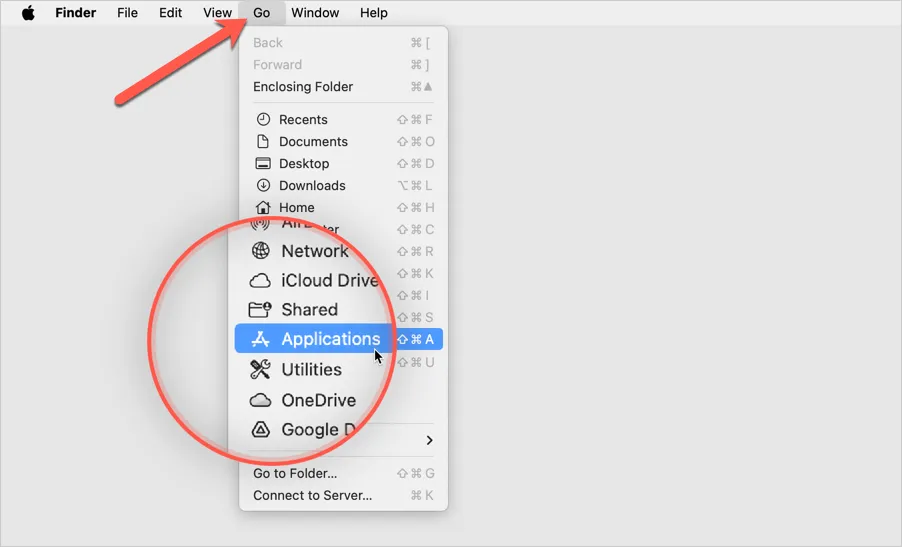 Screenshot showing the 'Go' menu in Finder with 'Applications' selected, guiding the Bitdefender uninstall process on Mac.