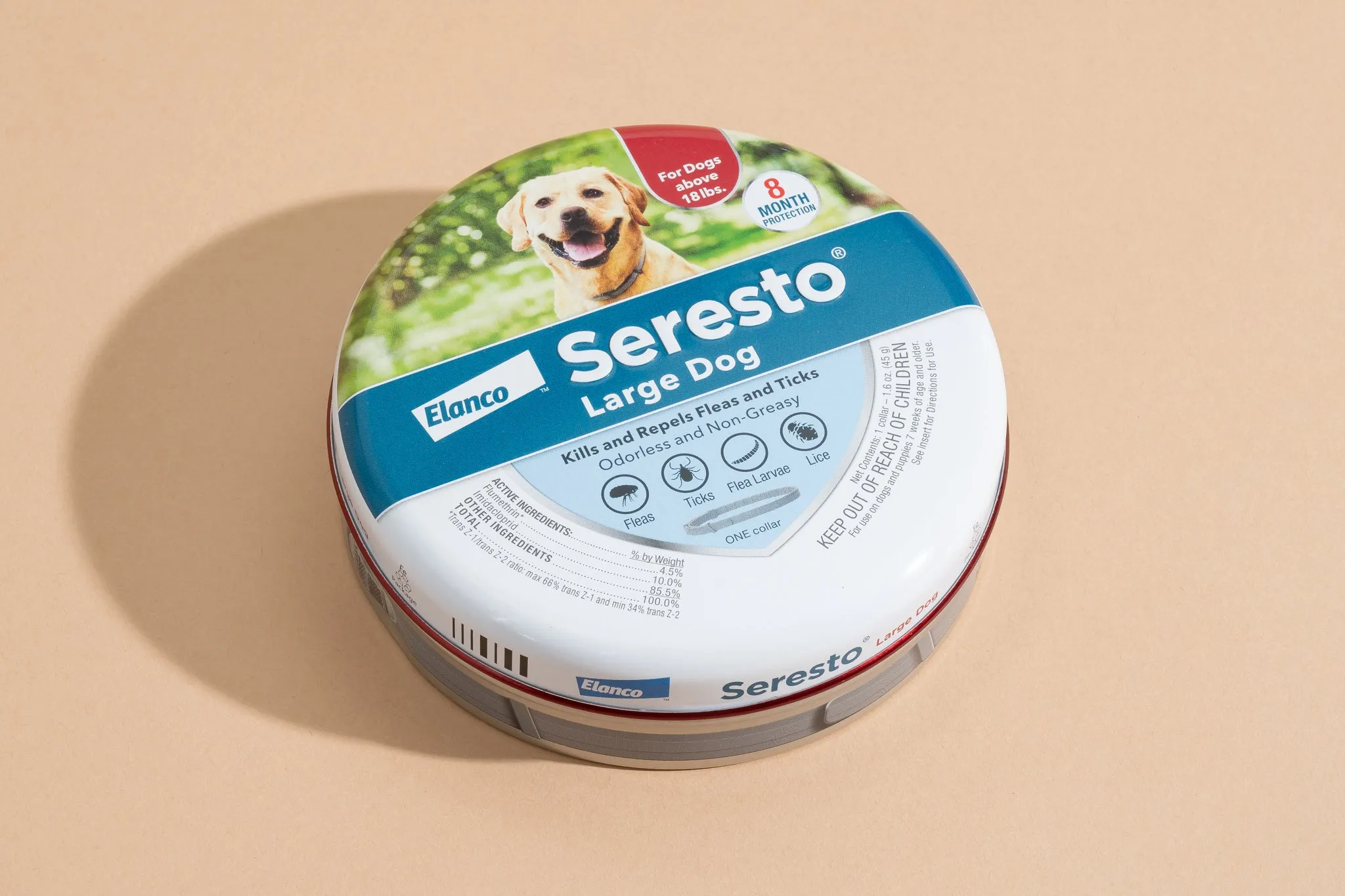 Seresto Flea and Tick Collar in its tin, a popular cheap flea medicine for dogs