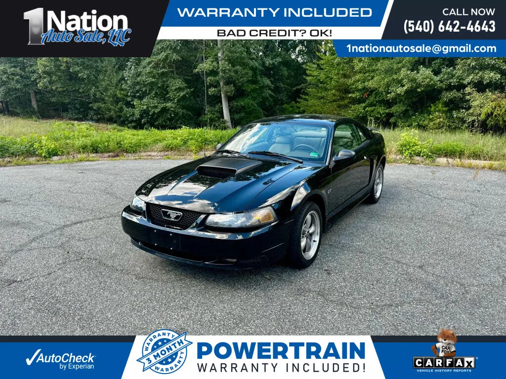 Side exterior shot of a 2001 Ford Mustang Bullitt GT Coupe, emphasizing its distinctive body styling.