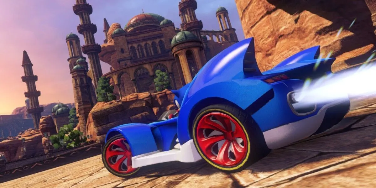 Side view of Sonic drifting in his racing car