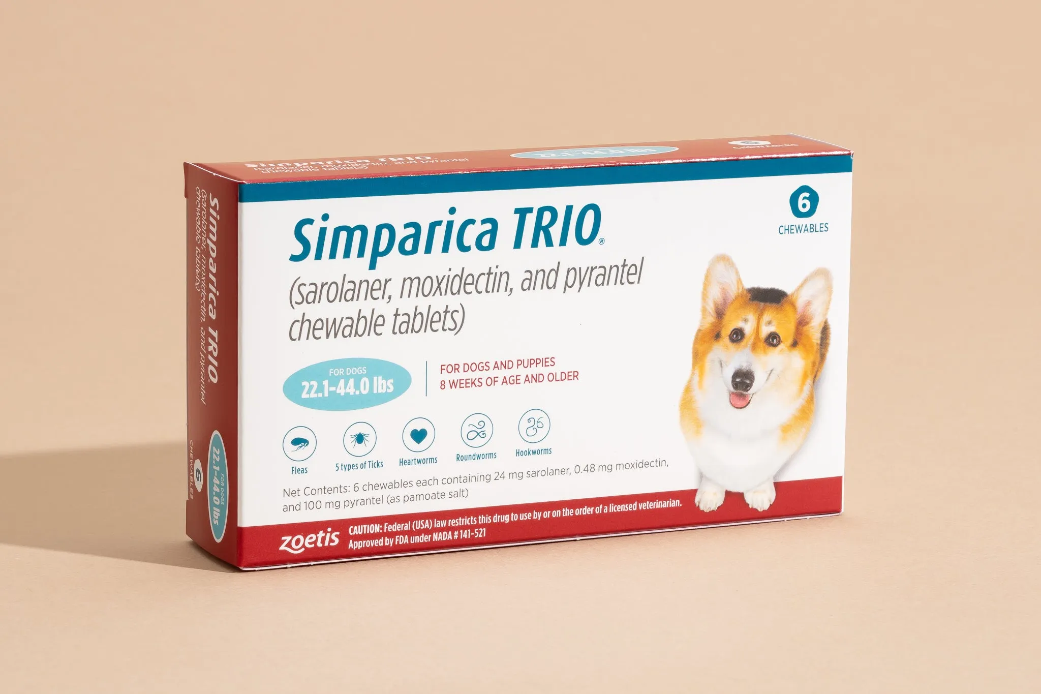 Simparica Trio Chewable Tablets box, a comprehensive but potentially more expensive flea medicine for dogs