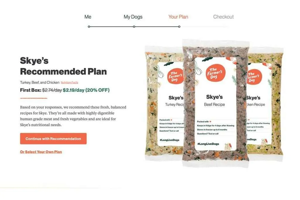 Skye's personalized meal plan from The Farmer's Dog