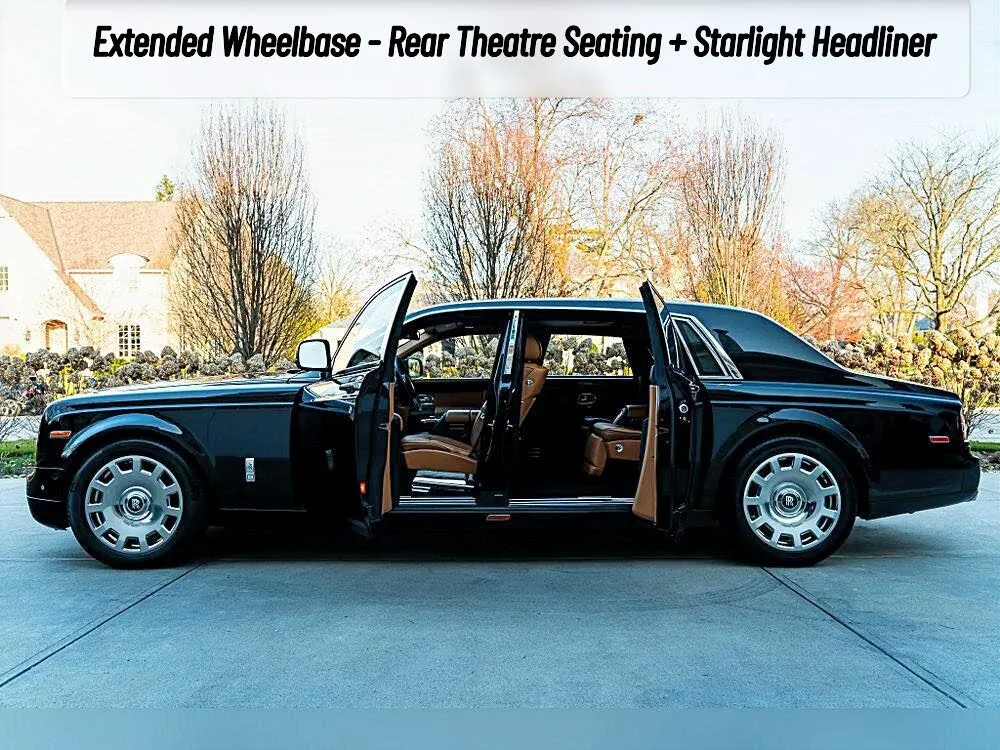 Sleek black 2017 Rolls-Royce Phantom Extended Wheelbase parked, reflecting the timeless luxury and grand scale of the Phantom VIII generation.