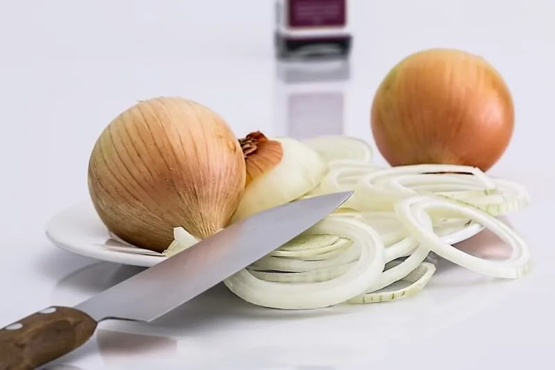 Sliced red onions, illustrating the toxicity of alliums to dogs.