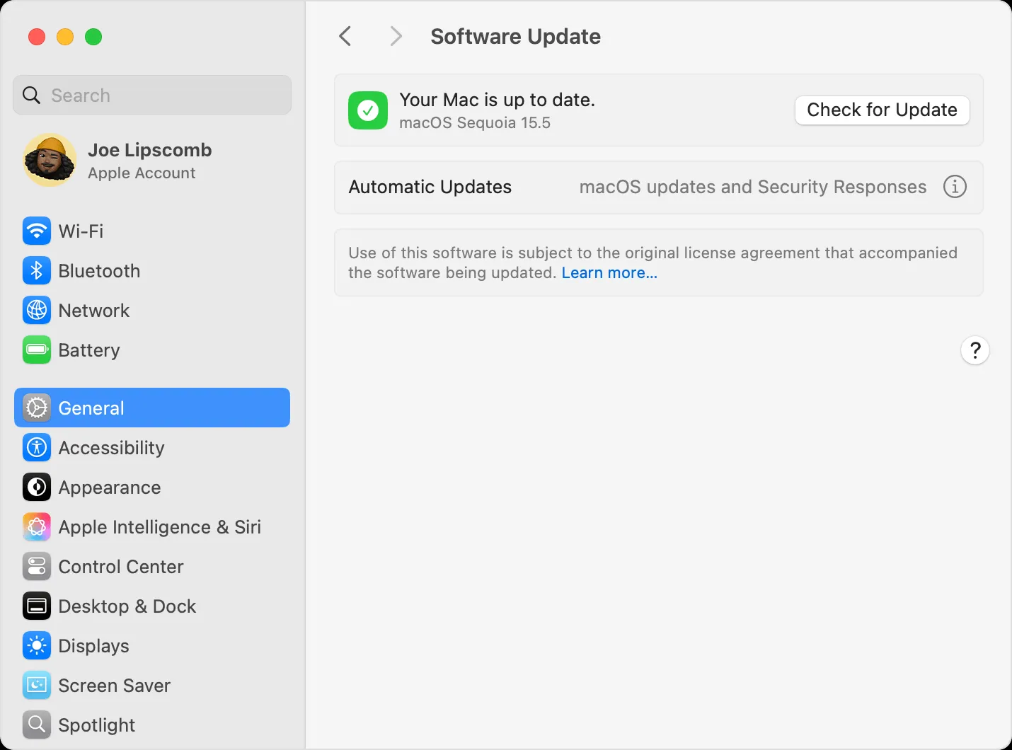 Software Update in macOS Sequoia, showing no available updates.