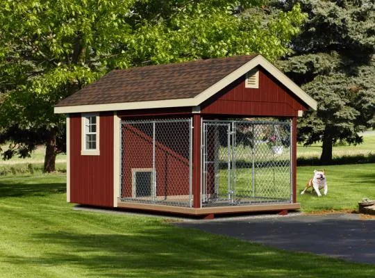 Sophisticated red Elite large outdoor dog kennel with deluxe trim and larger windows