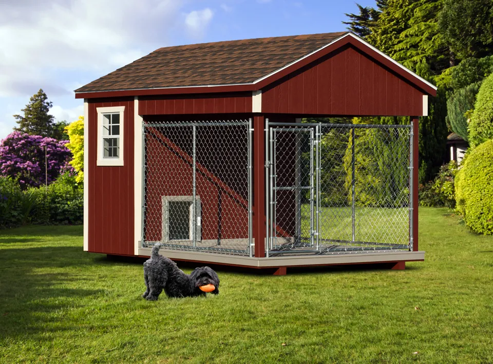 Spacious 8x12 large outdoor dog kennel in red with integrated dog run
