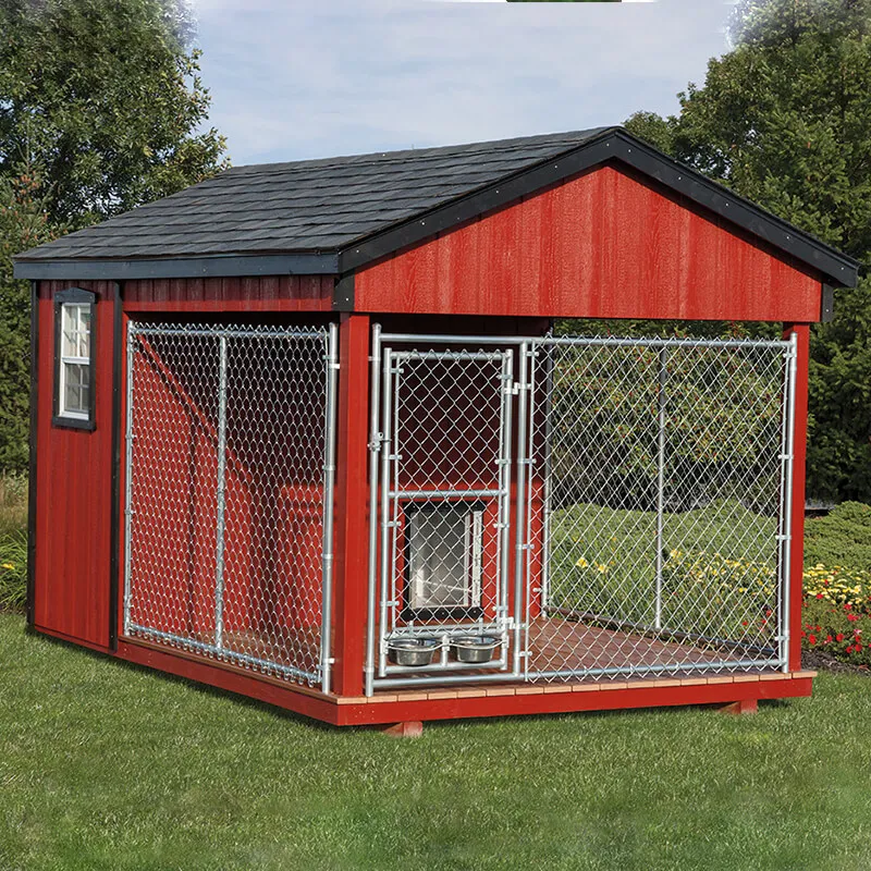 Spacious outdoor dog kennel with a wooden house and attached chain-link run, providing comfort and security for a dog.