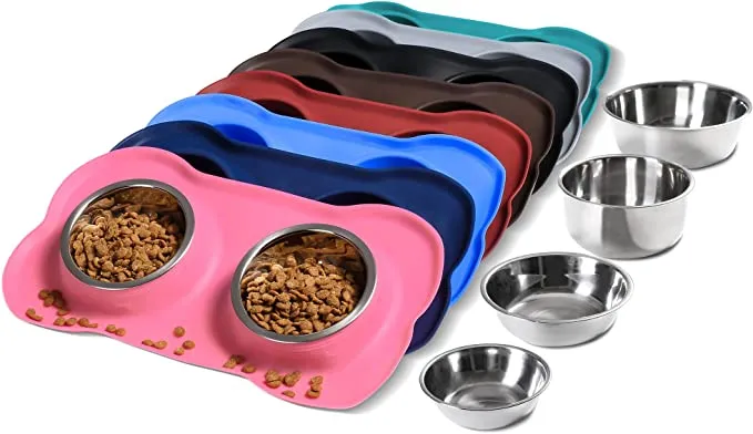 Stainless steel puppy food and water bowls with a non-slip silicone mat