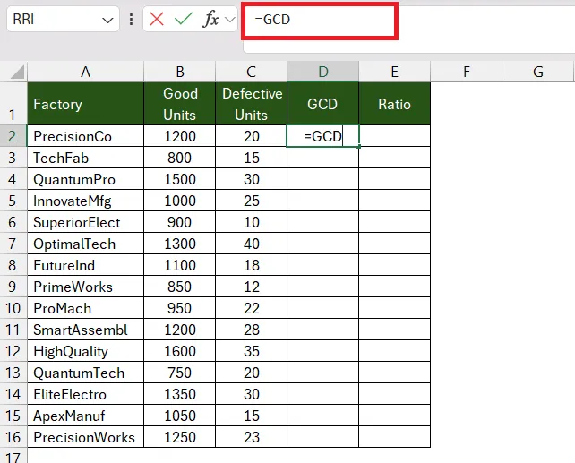 Starting the GCD function in Excel to find the greatest common divisor for ratios