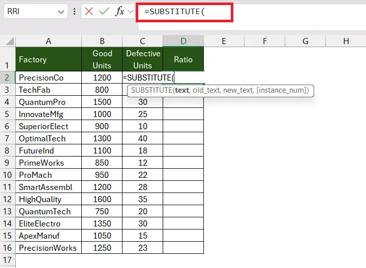 Starting the SUBSTITUTE function in Excel for advanced ratio formatting