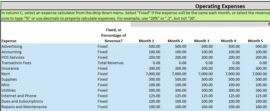 Startup operating expense example in the free proforma template Excel for budgeting fixed and variable costs
