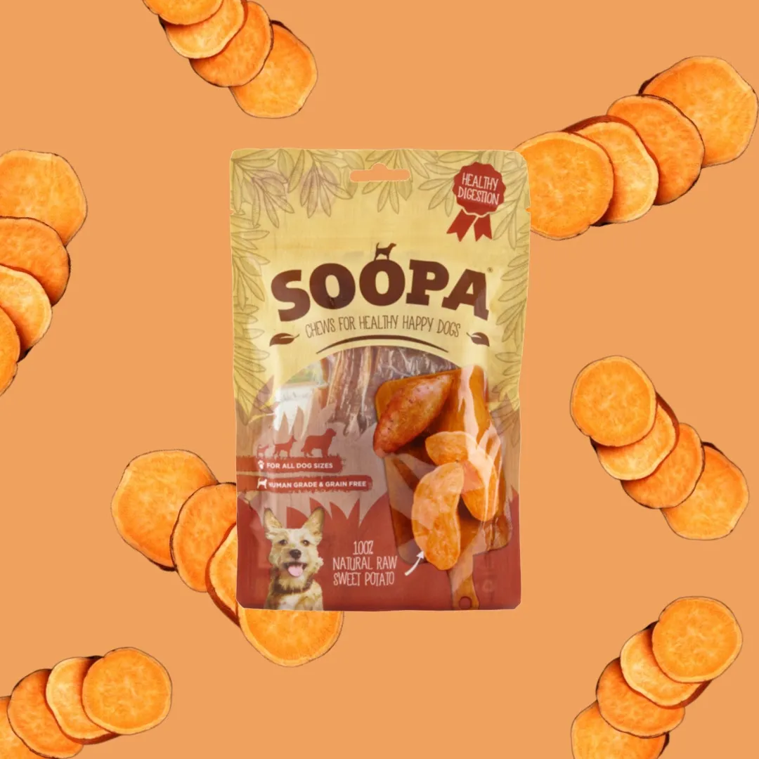 Sweet potato dog chews, highlighting a safe and high-fiber vegetable for dogs with diabetes.