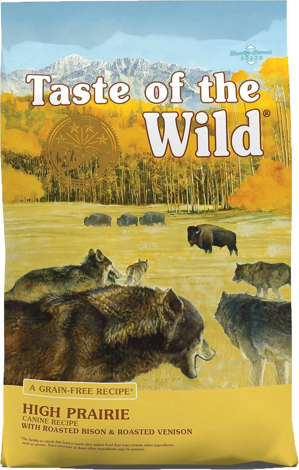 Taste of the Wild High Prairie Grain-Free Dry Dog Food bag featuring roasted bison and venison