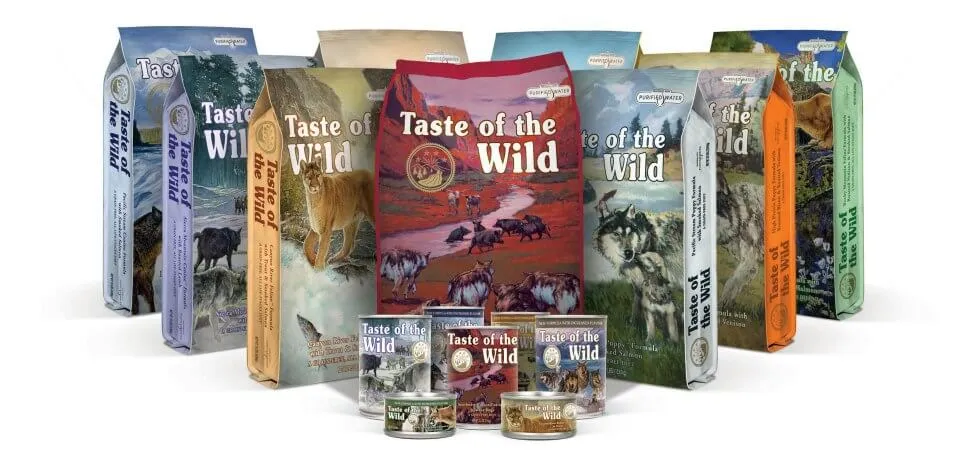 Taste of the Wild product line showcasing various dry dog food bags