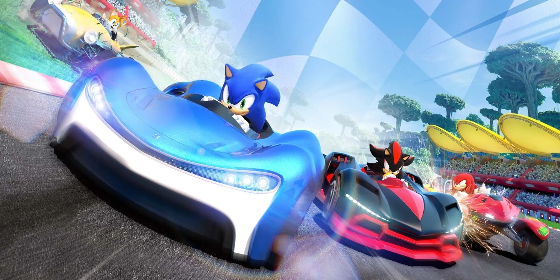 Team Sonic Racing group shot with Sonic, Tails, and Knuckles