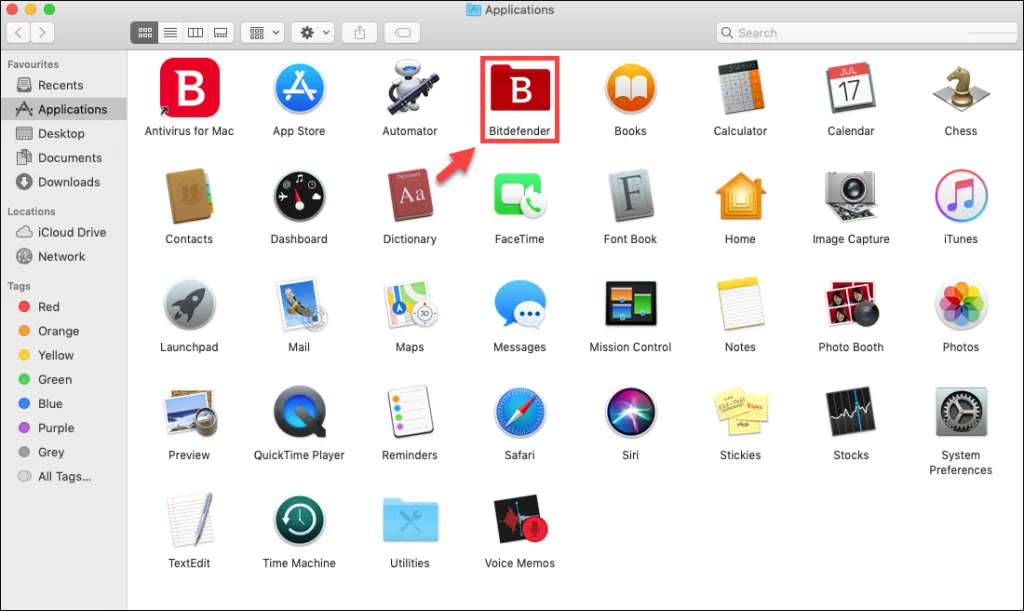 The Bitdefender application folder located within the macOS Applications directory, preparing for antivirus software removal.
