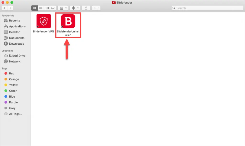 The Bitdefender Uninstaller application visible inside the Bitdefender folder, ready to initiate the uninstall for Bitdefender Antivirus for Mac.