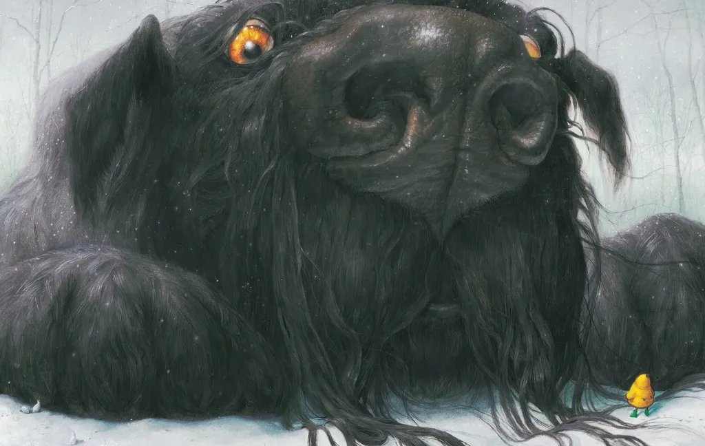 The black dog is depicted as a massive mountain under a snowy sky.